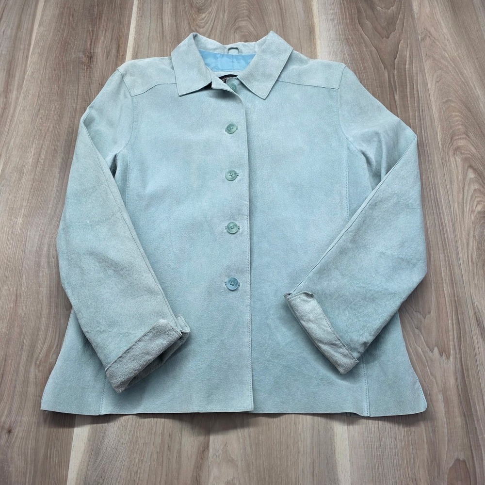 Valerie Stevens Suede Leather Jacket Petite L Blue Button‎ Front Coat Seafoam PL